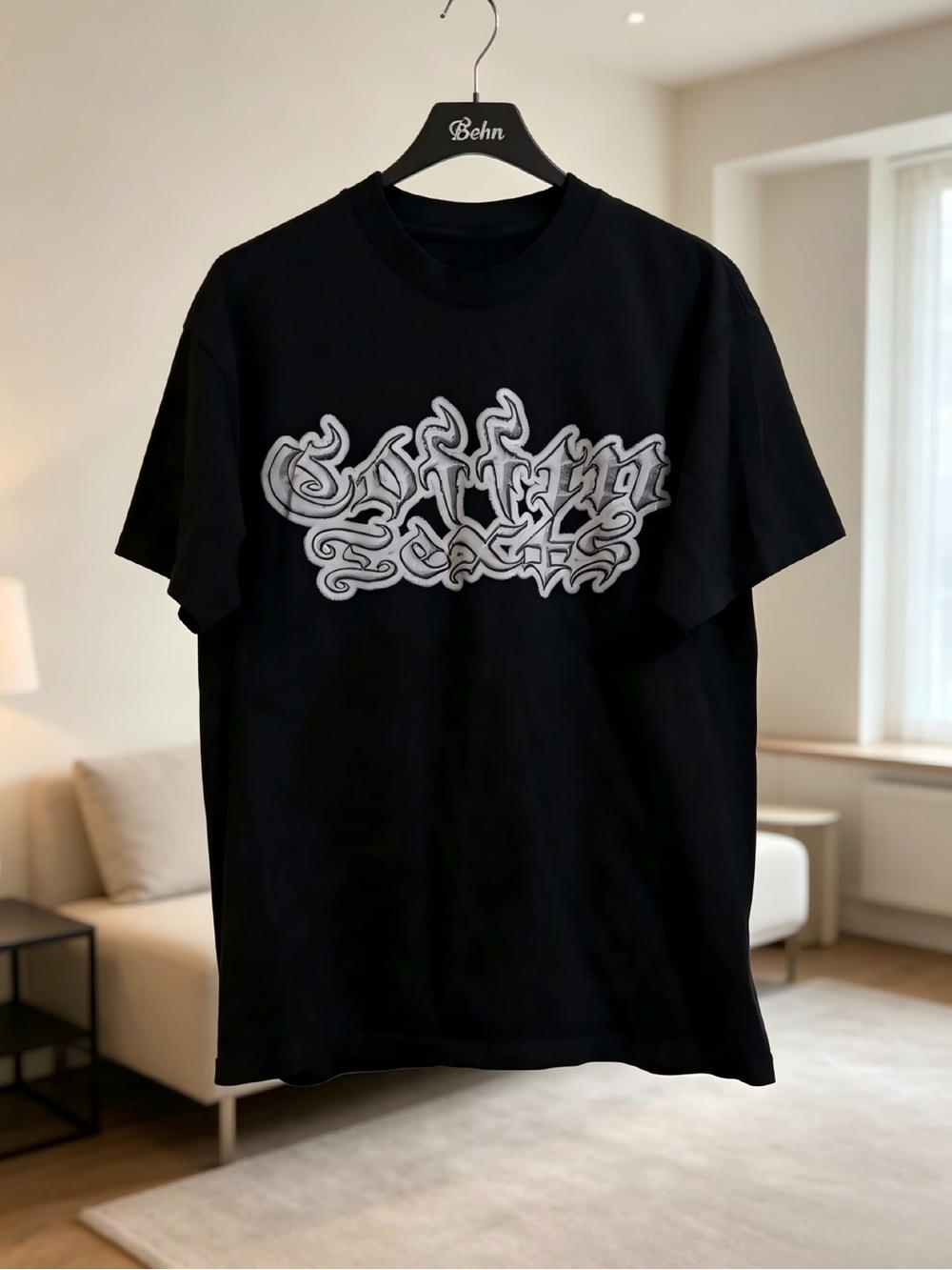 Black Short‑Sleeve Crewneck Tee with Silver Graphic